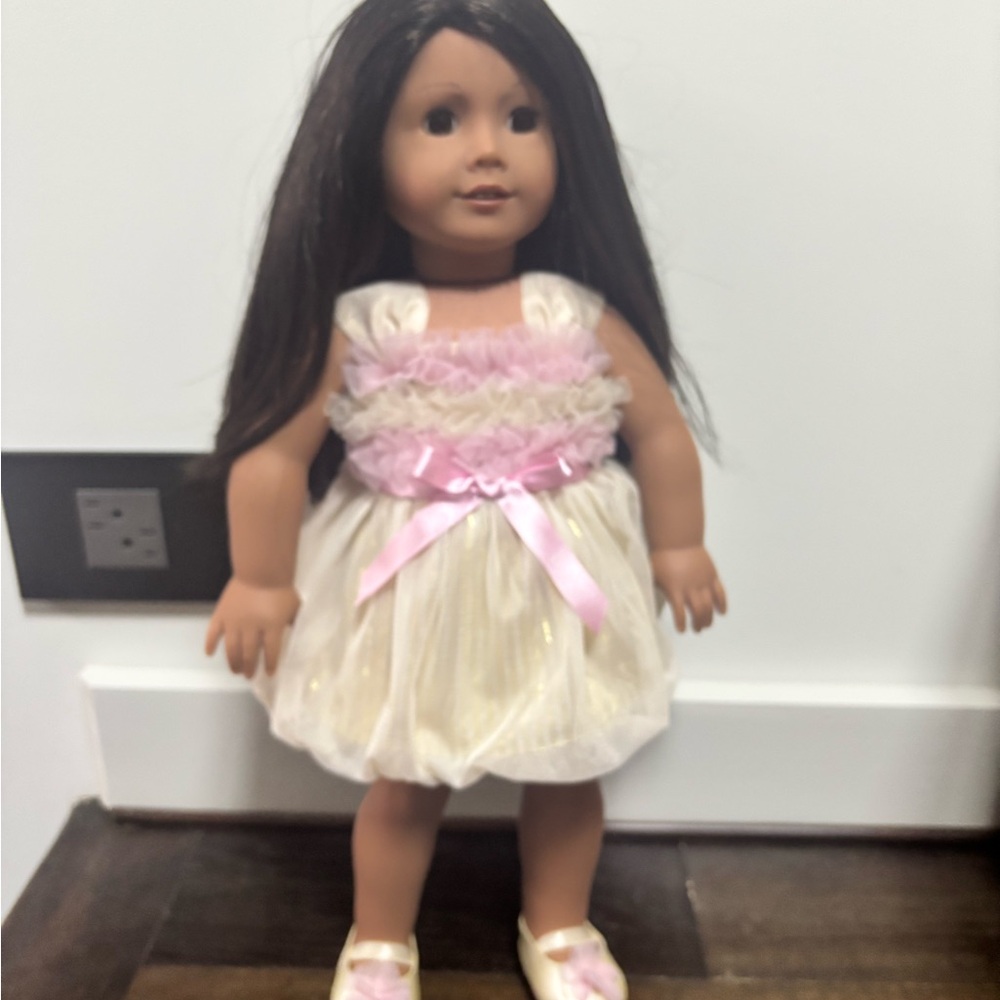 American Girl Doll with Pink and Cream Dress
